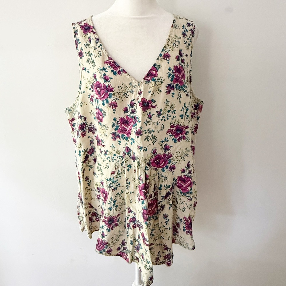 Cut Loose Tank Top Women XL Beige Floral 100% Linen Lagenlook Boho Coastal